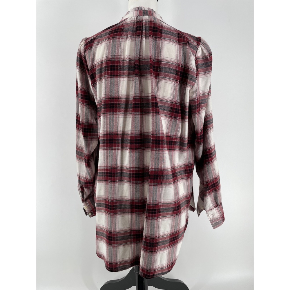LOFT Plaid Ruffle Neck Flannel Top Womens Medium Burgundy Button Cottagecore - Picture 3 of 8